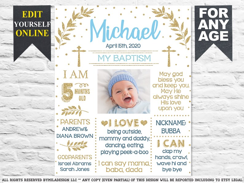 Instant Download 920 Editable Boy Baptism chalkboard sign Christening chalk board poster milestone template with photo picture