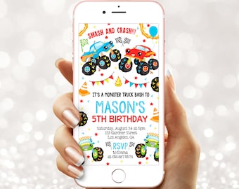Electronic Monster truck Birthday invitation - Boy cars digital party evite Instant download template e-vite phone sms 22-49