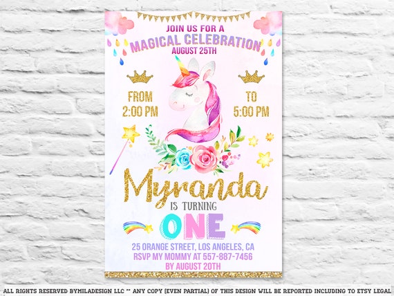 Printable Unicorn First Birthday Party Invitation Invites | Etsy