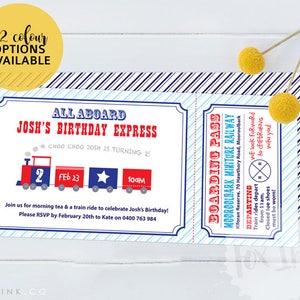 May include: A birthday party invitation designed as a train ticket. The invitation features a red and blue train graphic, the text "ALL ABOARD JOSH'S BIRTHDAY EXPRESS", and details for the event. The invitation is on a white background.