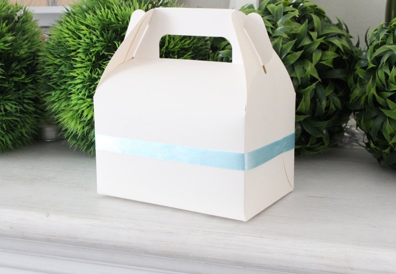 May include: A white cardboard gift box with a blue ribbon. The box has a handle on the top and is ideal for packaging small gifts.