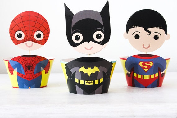 Superhero Cupcake Toppers Wrappers Party Decoration Birthday Etsy