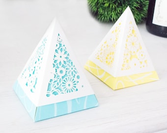 Blue Yellow Pyramid Favor Boxes, Triangle Laser Cut Candy Boxes Party Decorations Supplies Birthday, Baby shower, Wedding favor box 10 boxes