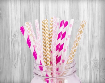 Pink & Gold Paper Straws Party supplies, Birthday Party decoration, Wedding - Baby Shower, Mason Jar Straws, Polka dots straws, 25 pcs