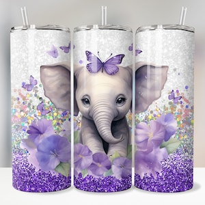 Cute Baby Elephant Tumbler Wrap Sublimation Designs 20 Oz Skinny Tumbler Cute Animals PNG Rainbow Purple Glitter Tumbler New Mom Tumbler