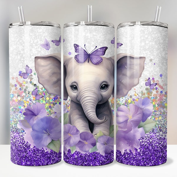 Cute Baby Elephant Tumbler Wrap Sublimation Designs 20 Oz Skinny Tumbler Cute Animals PNG Rainbow Purple Glitter Tumbler New Mom Tumbler