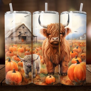 Cute Baby Highland Cow Fall Pumpkin 20oz Tumbler Wrap, Highland Cow Png, Fall   Png, Pumpkin Png, Autumn Png, Halloween Cow Png, Sublimation