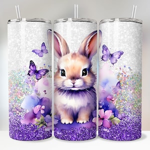 Schattige Baby Bunny Tumbler Wrap Sublimatie Ontwerpen 20 Oz Skinny Tumbler Schattige dieren PNG Rainbow Purple Glitter Tumbler Nieuwe moeder Tumbler