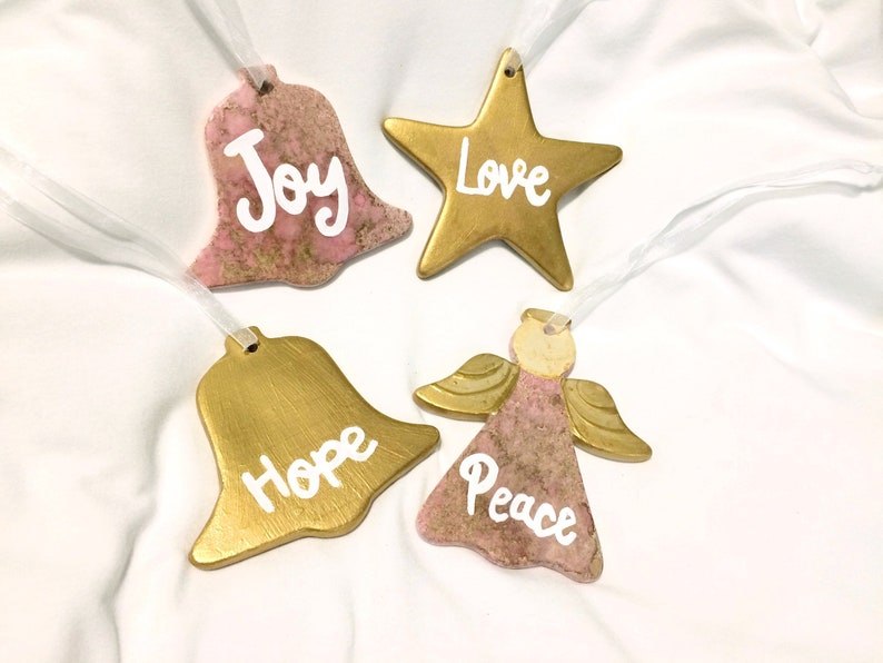 Hand Painted Gold and Pink Ceramic Ornament Gift Set Ornament Swap Gift Idea Joy Hope Peace Love Rose and Gold Christmas Ornament Set