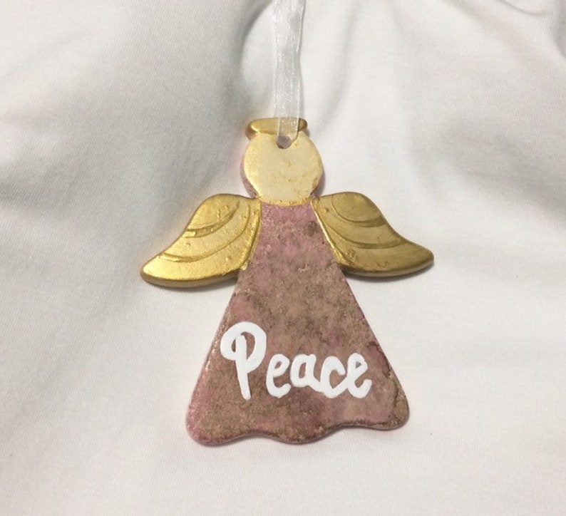 Hand Painted Gold and Pink Ceramic Ornament Gift Set Ornament Swap Gift Idea Joy Hope Peace Love Rose and Gold Christmas Ornament Set