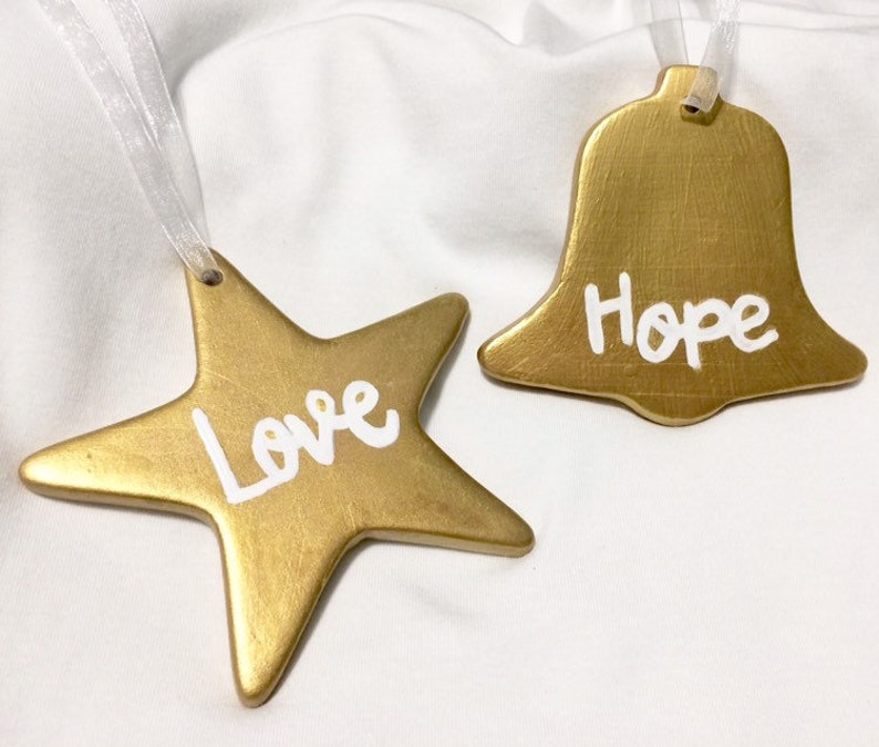 Hand Painted Gold and Pink Ceramic Ornament Gift Set Ornament Swap Gift Idea Joy Hope Peace Love Rose and Gold Christmas Ornament Set