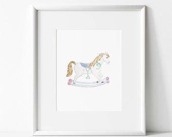 Watercolor rocking horse,baby bonnet,Blue bow print, baby girl nursery decor, wall art, bow wall art,nursery set,blue gingham