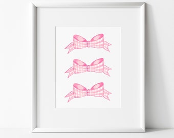 Bow print, gingham,pink gingham,gingham bow,watercolor bow,pink watercolor,grand millenial, baby girl nursery,bow print