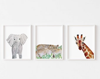 Safari nursery theme,Watercolor animals,Watercolor leopard,giraffe,elephant,gender neutral,wall art,print set