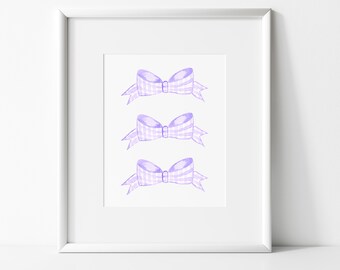 Bow print, gingham,purple gingham,lavender,light purple,lilac,bow,watercolor bow,pink watercolor,grand millenial,baby girl nursery,bow print