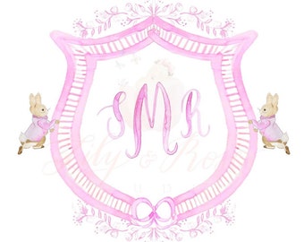 Semi-Custom watercolor crest,Peter Rabbit,Pink,Baby girl nursery,baby girl crest,watercolor monogram