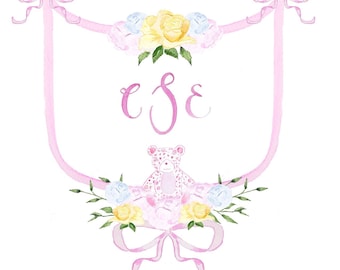 Semi-Custom watercolor crest,baby girl,pink peonies,watercolor crest, monogram crest, custom monogram crest,teddy bear,hospital door hanger