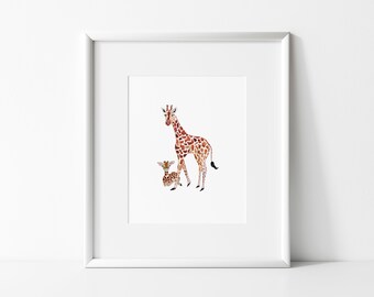 Watercolor giraffe print, mommy and baby,safari nursery,baby giraffe,hand painted print,gender neutral