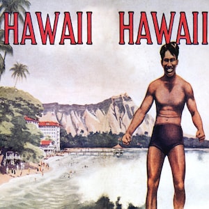 Hawaii Surfing Duke Kahanamoku Surf Waikiki Beach Sport Tourism Travel Vintage Poster Repro on Matte Paper and Canvas FREE SHIPPING in USA