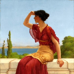 Puede incluir: Una mujer con un vestido rojo y dorado se sienta en un borde de piedra, mirando hacia un cuerpo de agua azul. Tiene la mano en la frente, como si se protegiera del sol. La escena est&aacute; pintada en un estilo realista, con colores suaves y detalles.