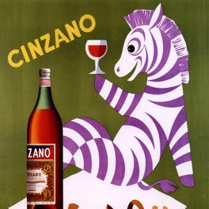 Picnic Zebra Drinking Glass of Cinzano Italy Italian Drink Bar Restaurant Vintage Poster Repro on matte paper or canvas FREE S/H in USA