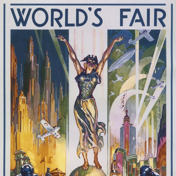 1933 Chicago Illinois Worlds Fair A Century of Progress Airplanes Satatue Buidings United States Vintage Poster Repro Free Shipping in USA