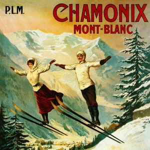 Chamonix-Mont-Blanc Couple SKI Jumping Winter Sport Skiing Mountains Travel Tourism French Vintage Poster Repro Free Shipping in USA