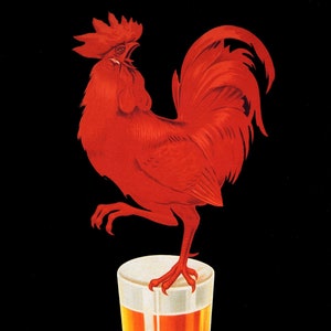 May include: A vintage poster advertising Bière St Nicolas de Port, a French beer. The poster features a red rooster standing on a glass of beer against a black background.