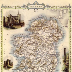 1800&#39;s Ireland Irish St Patrick&#39;s Dublin Lake Killarney Limerick Castle Map Bird Eye View Tourism Travel Vintage Poster Free Shipping in USA