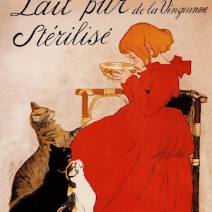 Lait Lait French Little Girl Drinking Milk Three Cats Begging France Animal Vintage Poster Repro on Matte Paper or Canvas FREE S/H in USA