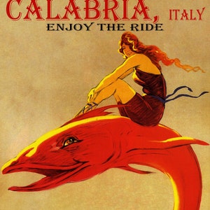 Calabria Italy Beach Girl Riding Big Fish Enjoy The Ride Tourism Sail Boat Sailing Italia Travel Vintage Poster Repro Free Shipping in USA