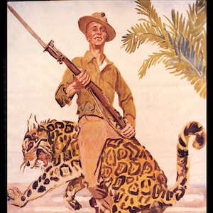 May include: A vintage recruitment poster for the United States Marines. The poster features a cartoon illustration of a Marine riding a jaguar, holding a rifle and smiling. The text on the poster reads "travel? adventure? answer-join the Marines! ENLIST TO-DAY FOR 2-3 OR 4 YEARS".