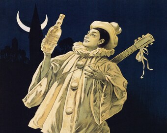 Pierrot Singing Crescent Moon Moonlight Holding Bottle of Vermouth