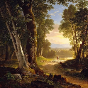 May include: An oil painting depicts a forest scene with a path leading to a sunlit clearing. Towering trees frame the path, and a shepherd with sheep is visible in the distance. The artwork features a palette of greens, browns, and blues.