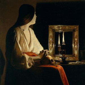La Madeleine pénitente, la peinture religieuse aux chandelles et au miroir d'ombre, par Georges de La Tour, sur papier mat ou toile, livraison gratuite aux Etats-Unis