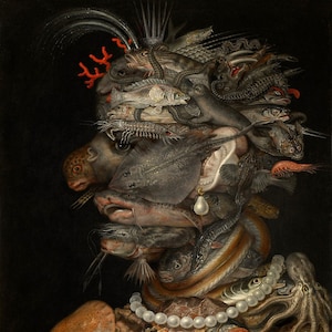 The Allegory of Water Fish Frog Lobster Shrimp Pearls Italian Painting By Giuseppe Arcimboldo on Matte Paper or Canvas FREE SHIPPING in USA