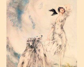 Icart Lady Borzoi Dogs Joy of Life by Louis Icart Fine Art Deco Repro on Matte Paper or Canvas FREE SHIPPING in USA Shipped Rolled Up