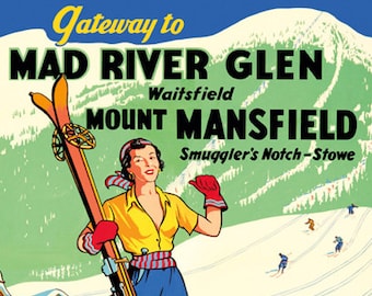 Ski Vermont Skiing Mad River Glen Mount Mansfield Winter Sport American Vintage Poster Repro on Matte Paper or Canvas FREE SHIPPING in USA