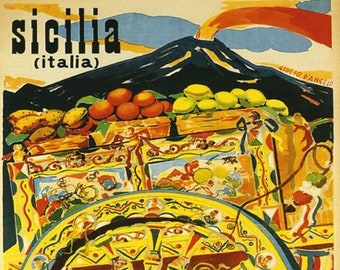 Italy Sicily Volcano Sicilian Lemon Sicilia Eternal Spring Italian Travel Vintage Poster Repro on Matte Paper or Canvas FREE SHIPPING in USA