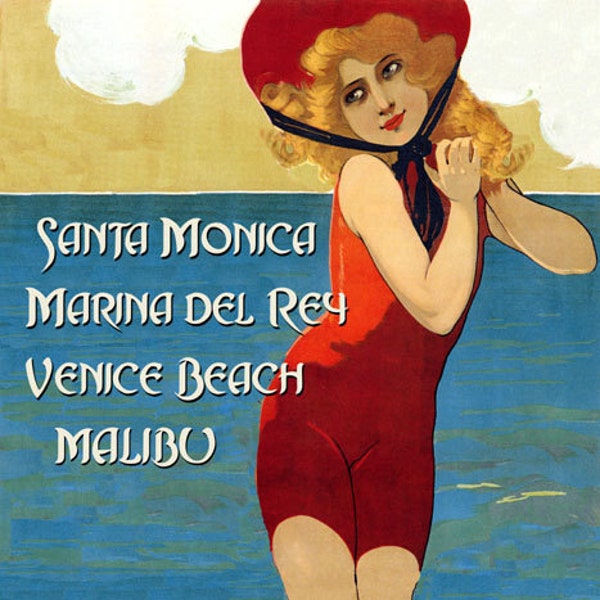 California Beaches Santa Monica Marina Del Rey Lady Venice  Malibu American Travel Tourism Vintage Poster Repro FREE SHIPPING in USA