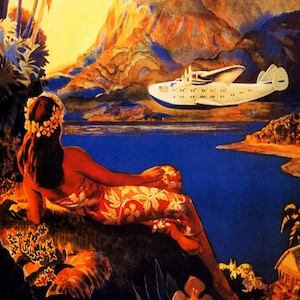 Hawaii Lady Airplane Plane Beach Usa Travel Tourism Vintage Poster Repro on Matte Paper or Canvas FREE SHIPPING in USA Shipped Rolled Up