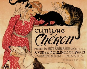 Cat Veterinarian Vet Cheron Lady Cats and Dogs Paris France French Vintage Poster Repro on Matte Paper or Canvas FREE SHIPPING in USA