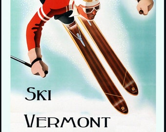Ski Skiing in Vermont Winter Sport American U S Travel Vintage Poster Repro on Matte Paper or Canvas FREE SHIPPING in USA Shipped Rolled Up