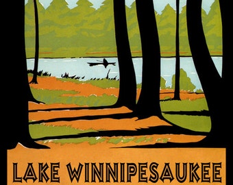 Lake Winnipesaukee largest lake in the U.S. state of New Hampshire in the Lakes Region Travel Tourism Vintage Poster Repro Free S/H in USA