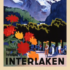 Switzerland Interlaken Aare River Lakes Thun and Brienz Travel Tourism Vintage Poster Repro on Matte Paper or Canvas FREE SHIPPING in USA
