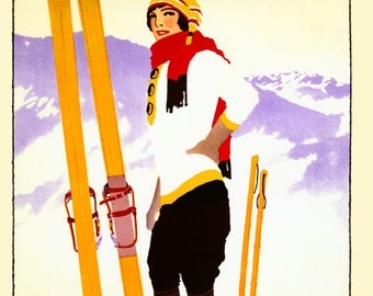 Ski Vermont  Skiing Skis Lady American Winter Sport Vintage Poster Repro on Matte Paper or Canvas FREE SHIPPING in USA Shipped Rolled Up