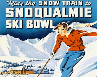 Ski Washington Skiing Snow Train to Snoqualmie  The Milwaukee Road American Winter Sport Vintage Poster Repro FREE SHIPPING in USA