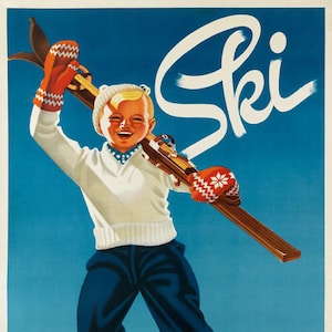 Ski Sweden Blond Boy Having Fun Alps Skis Skiing Winter Sport Vintage Poster Repro on Matte Paper or Canvas FREE SHIPPING in USA