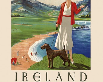 Ireland Irish Terrier Dog with a Lady on the Beach Travel Tourism Vintage Poster Repro on Matte Paper or Canvas FREE SHIPPING in USA