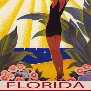 Sunshine Florida Beach Girl Welcome The Sun Sailing Flowers Sailboats American Tourism Travel Vacation Vintage Poster Free Shipping in USA